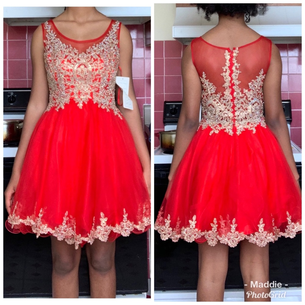 Red cocktail dress with beading design on top